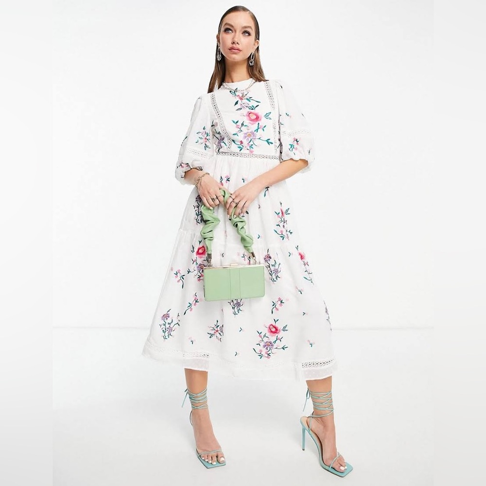 ASOS high neck textured embroidered midi dress in white. New without tag- Size 4